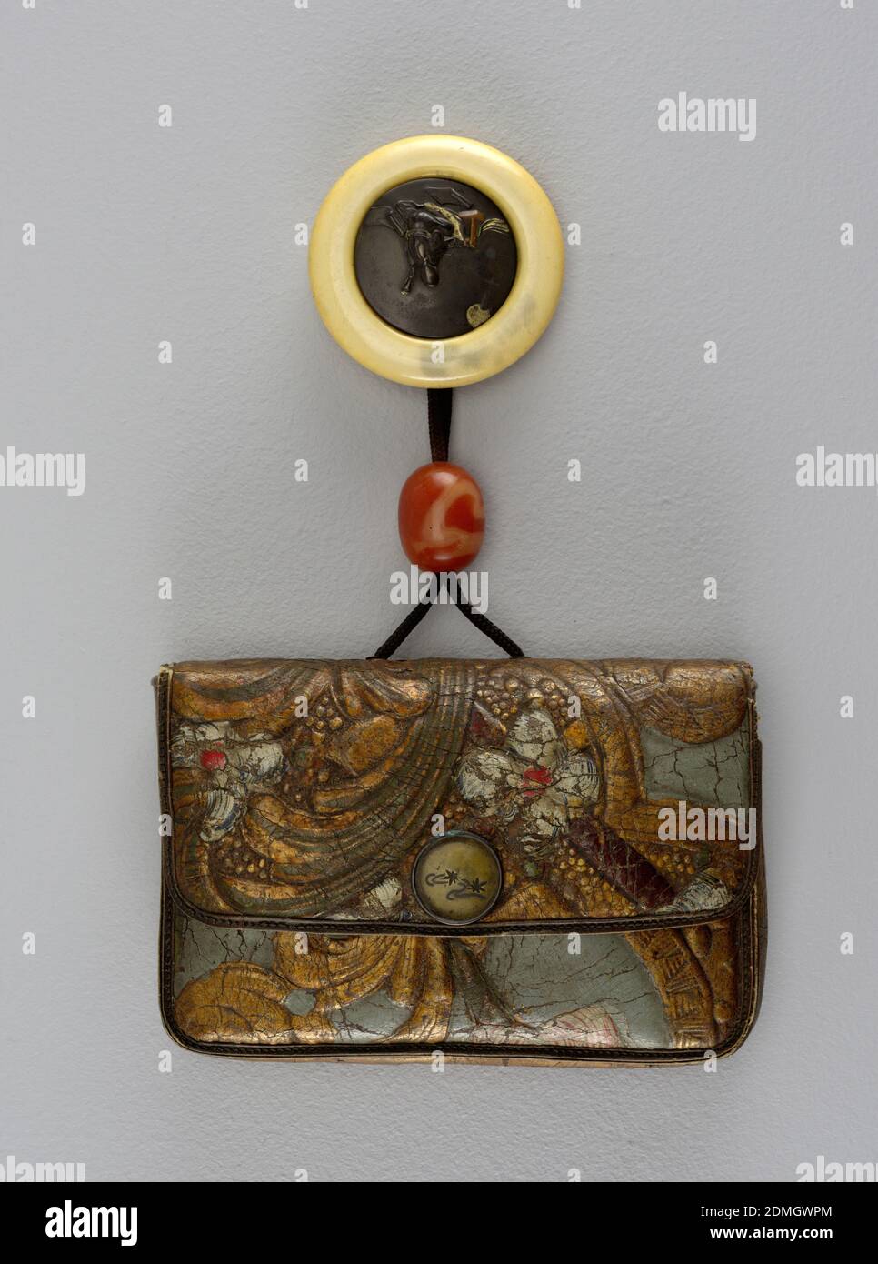 Kinchaku (purse) with netsuke and ojime on chord, Tooled leather (purse);  incised and inlaid copper alloy and brass (clasp); carved ivory and  shibuichi (netsuke); silk (chord), Rectangular purse of Cuir de Cordoue —