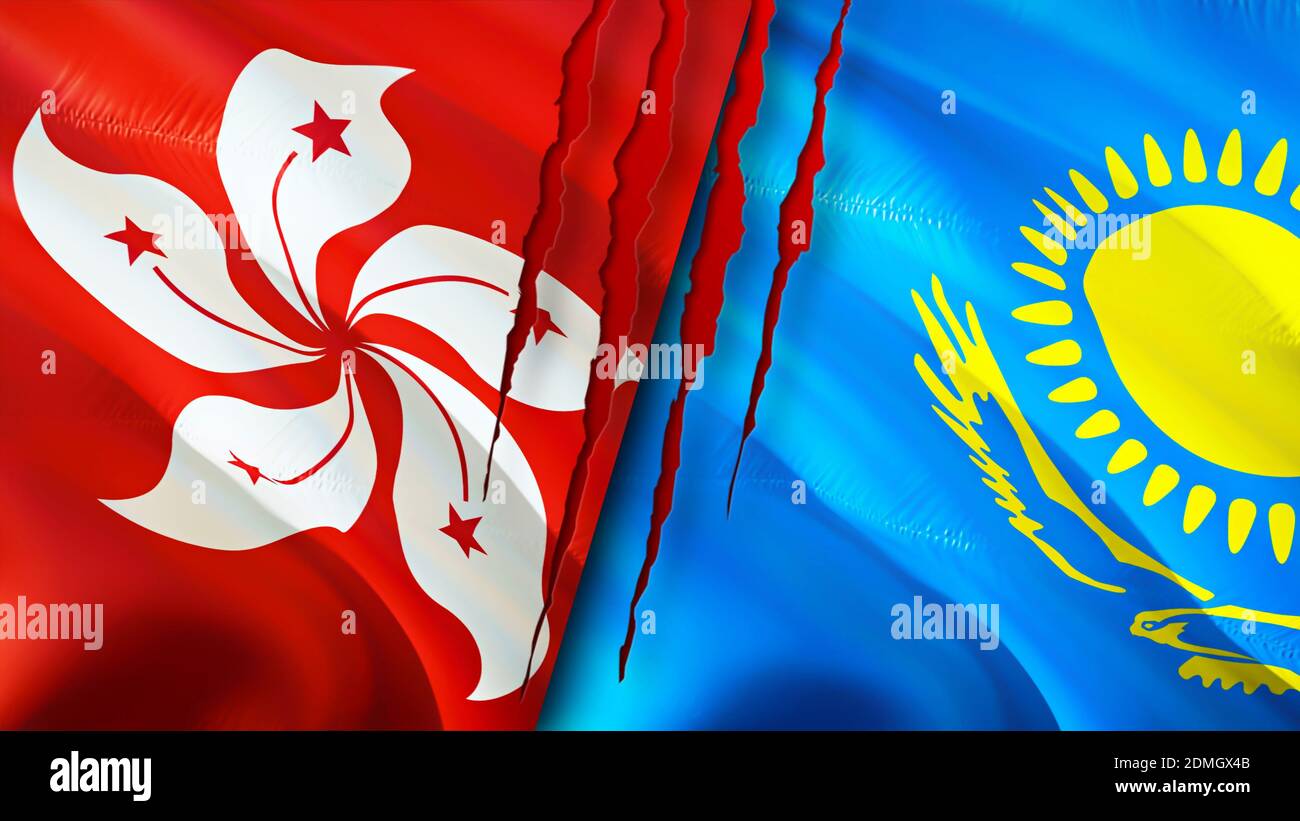 Hong Kong and Kazakhstan flags with scar concept. Waving flag,3D rendering. Hong Kong and Kazakhstan conflict concept. Hong Kong Kazakhstan relations Stock Photo