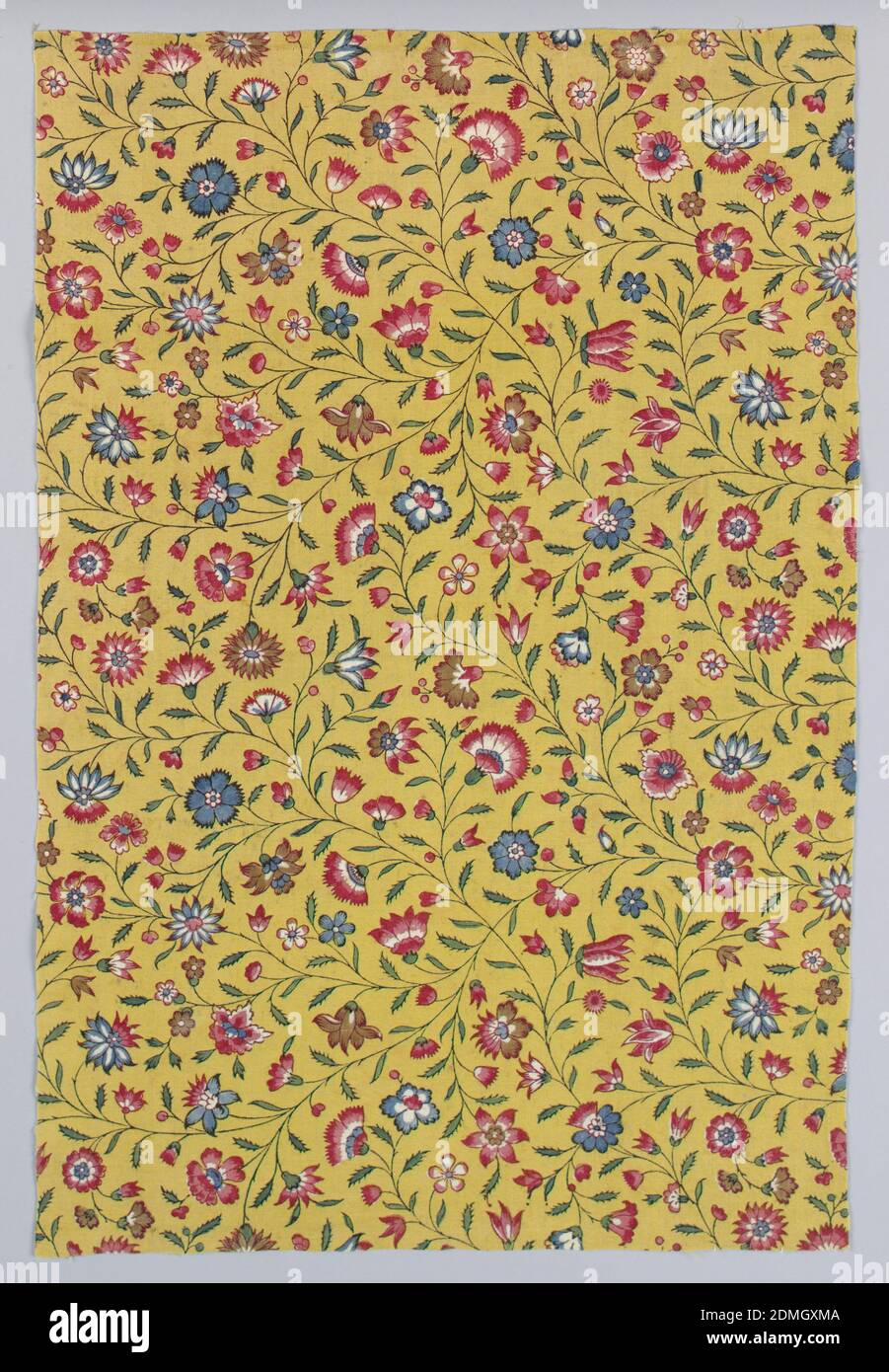 Textile, Medium: cotton Technique: block printed (madder colors and yellow) and painted (blue) on plain weave, Stylized carnations and other flowers in shades of red and blue with thin meandering stems on a bright yellow ground., France, ca. 1800, printed, dyed & painted textiles, Textile Stock Photo