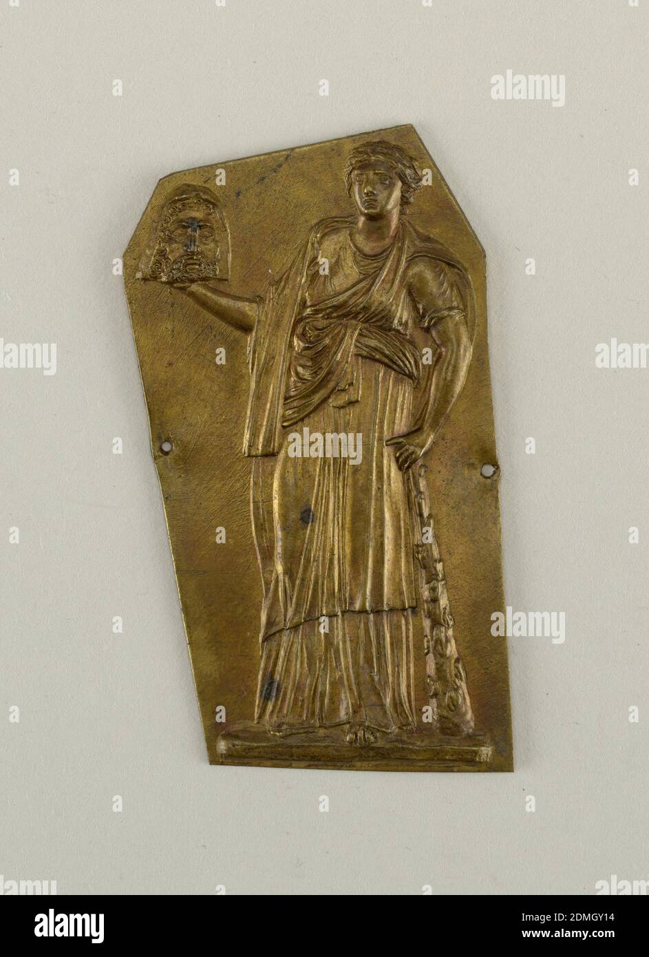 Mount, Brass, Irregular polygon with repoussé figure of a woman in classical dress holding the severed head of a bearded man., Italy, early 19th century, metalwork, Decorative Arts, Mount Stock Photo