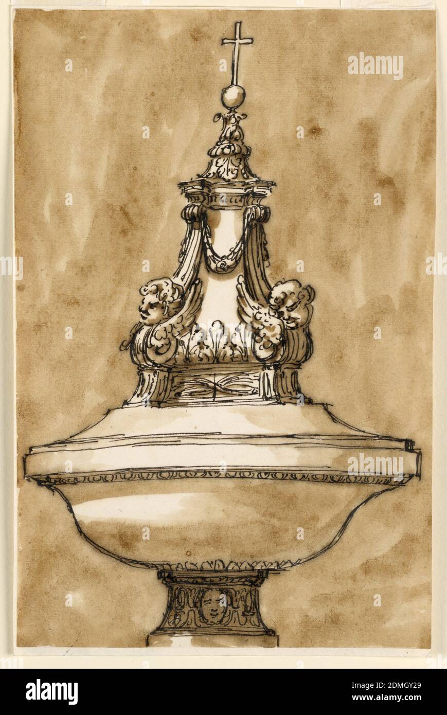 Baptismal Font, Pen and brown ink, brush and brown wash, on off-white laid paper, lined, Sketch of a decorative architectural element, consisting of a double-convex bowl on a foot with a carved mask, supporting a pyramidal arrangement of a pediment-like form below acanthus, winged cherub heads, and garlands, below the finial orb and cross., Italy, late 18th century, architecture, Drawing Stock Photo