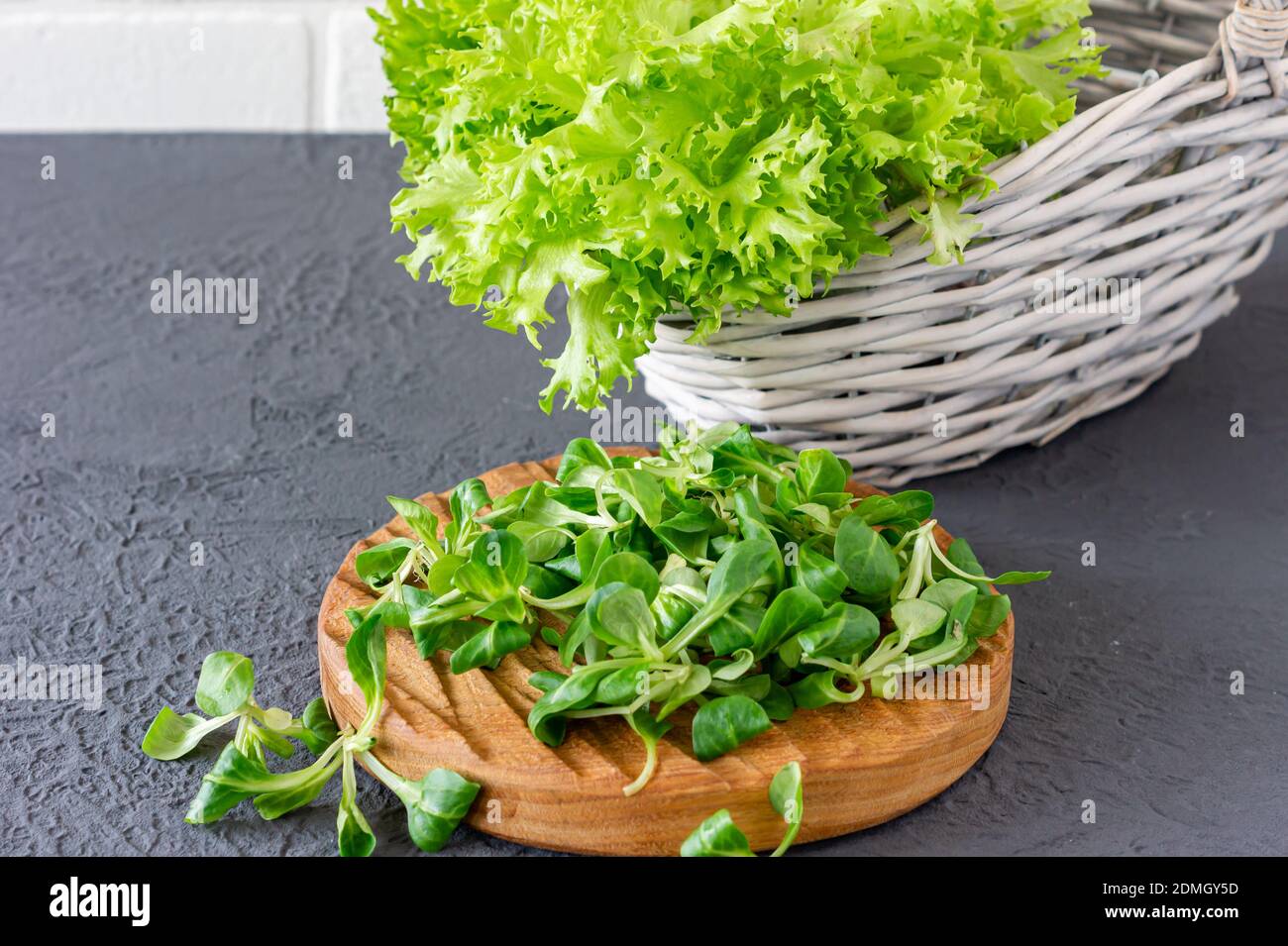 Valerianella locusta,corn salad,lamb's lettuce. Fresh green Corn salad leaves on wooden desk. Stock Photo