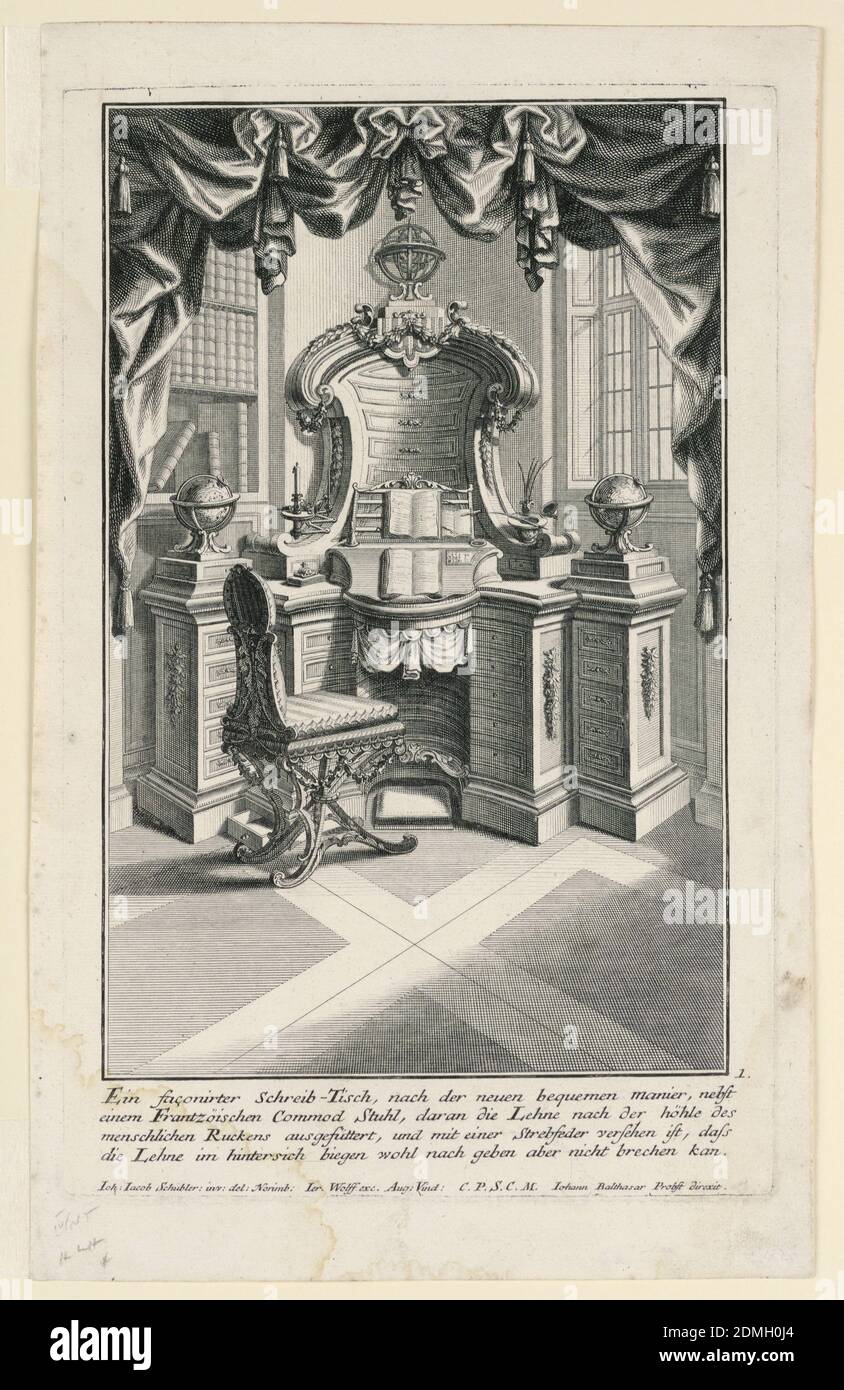 Ein façonirter Schreib-Tisch,… (Writing Desk and Chair), Johann Jakob Schübler, German, 1689–1741, Jeremias Wolff, German, 1663–1750, Johann Balthasar Probst, 1673–1750, Etching and engraving on off-white laid paper, An elaborate writing desk is featured in a draped corner of a room with a bookshelf on the left and a window at right. Ornamented with globes at left and right, the desk features four sections with multiple drawers at the base, as well as a central cartouche shaped drawered section above. Decorated with swags, festoons, heavy architectural mouldings and surmounted by an astrolabe Stock Photo