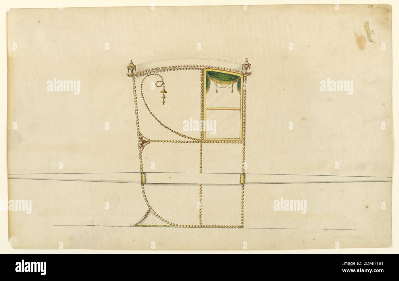 Design for a sedan chair, Black chalk, pen, ink, brush, and multiple watercolors on paper, A simpler variation of 1900-1-11 with most of the decoration consisting of rows of nail heads. They form also the scroll in the panel beside the window; calyces hand from its end. The window has two parts., London, England, ca. 1780, Drawing Stock Photo