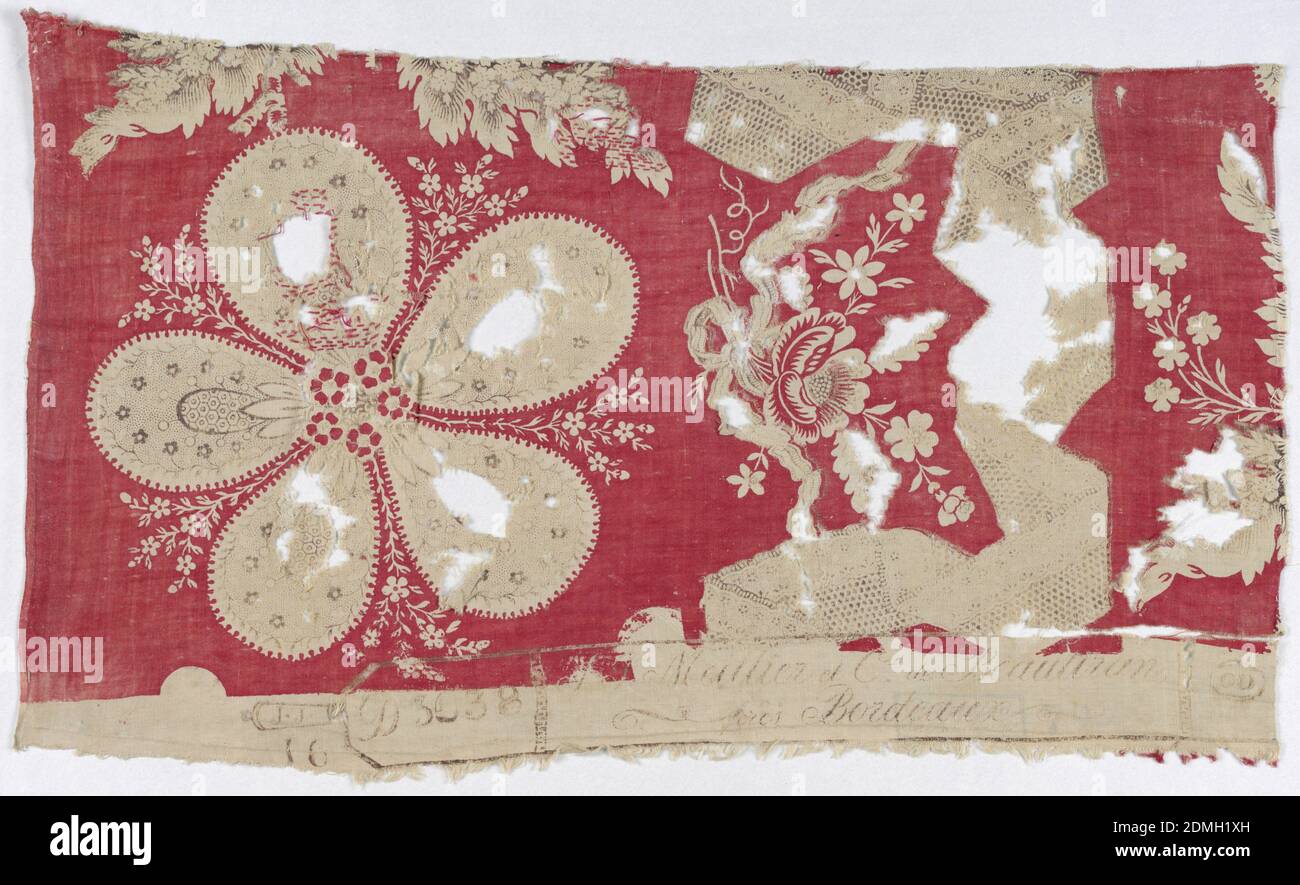 Fragments, Meillier et Cie, Material: cotton Technique: block printed on plain weave, Design of floral shapes alternate with stripe of loosely folded 'lace' in red and black on natural., Bordeaux, France, late 18th–early 19th century, printed, dyed & painted textiles, Fragments Stock Photo