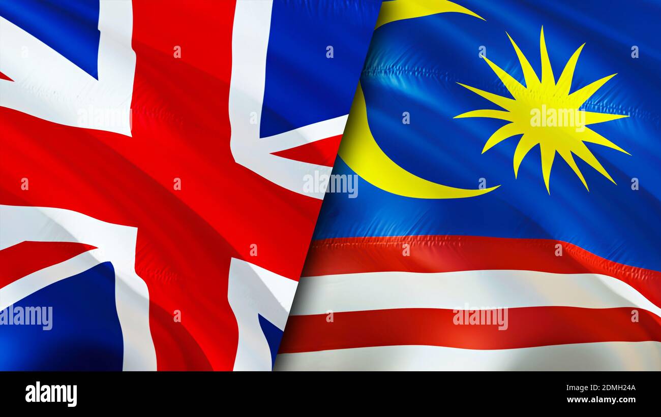 United Kingdom and Malaysia flags. 3D Waving flag design. United