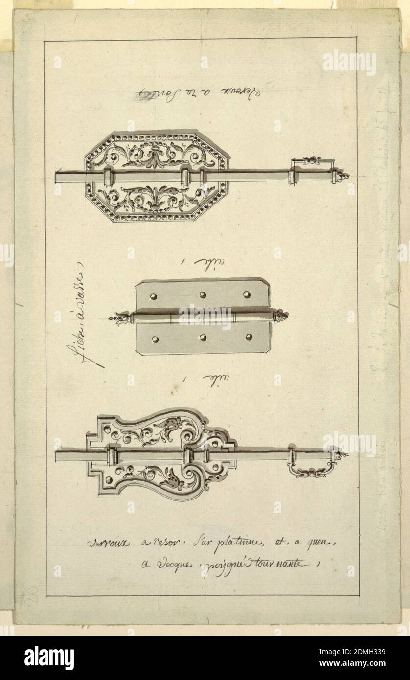 Designs of Bolts and a Hinge, Richard de Lalonde, French, active 1780–96, Pen and ink, brush and wash on paper, Upper bolt in shape of an octagonal escutcheon with rinceaux decor; lower bolt, same except for curved escutcheon; center, hinge has six holes., France, ca. 1790, hardware, Drawing Stock Photo