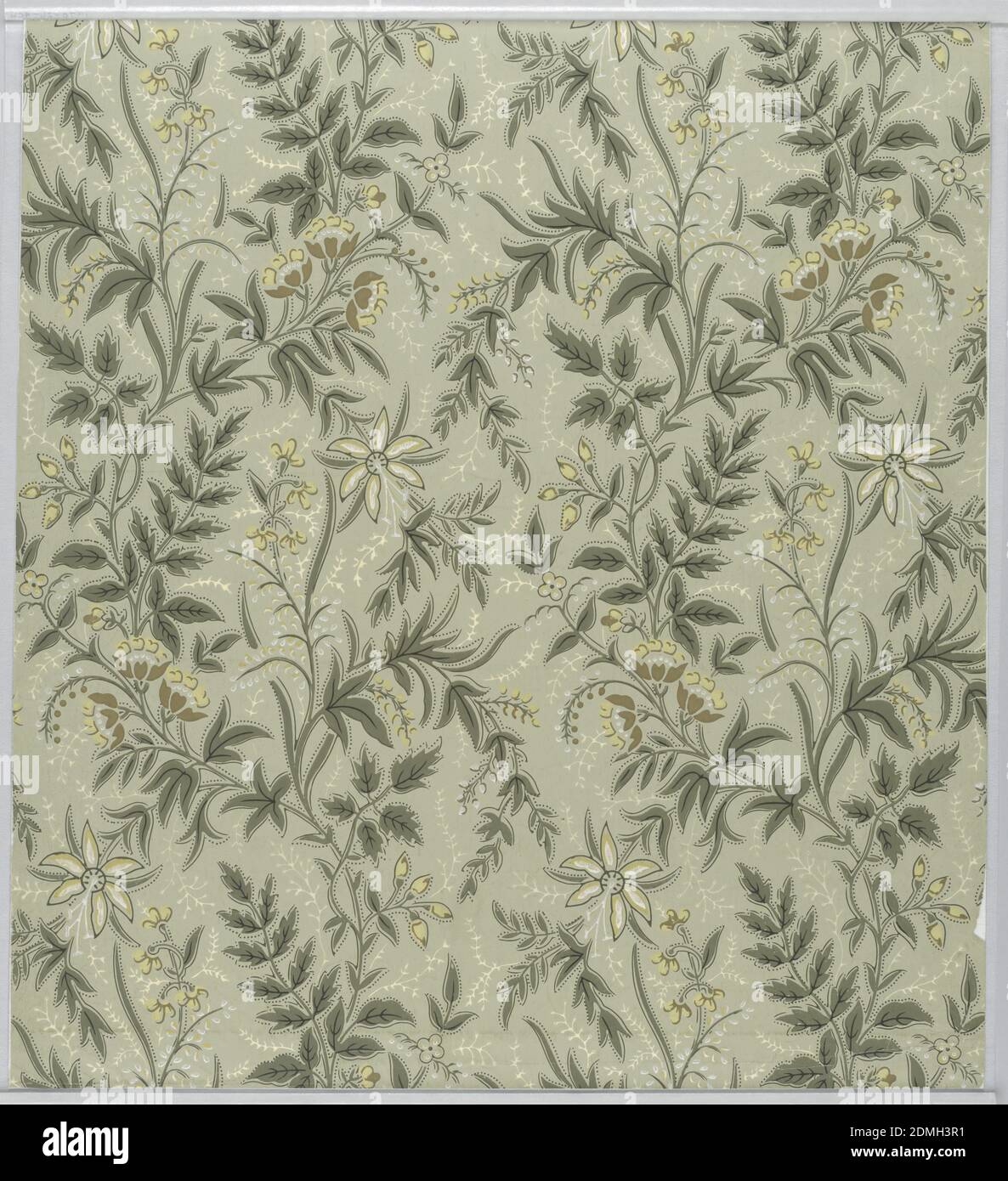Sidewall, Machine-printed paper, Aesthetic all-over pattern with motif of flowering vine with several different varieties of flowers; single-motif repeat vertically glide reflected and repeated in columns; flowers are tan, white, and yellow, vine is green, and white sprigs fill negative space; ground is light green., USA, ca. 1880, Wallcoverings, Sidewall Stock Photo