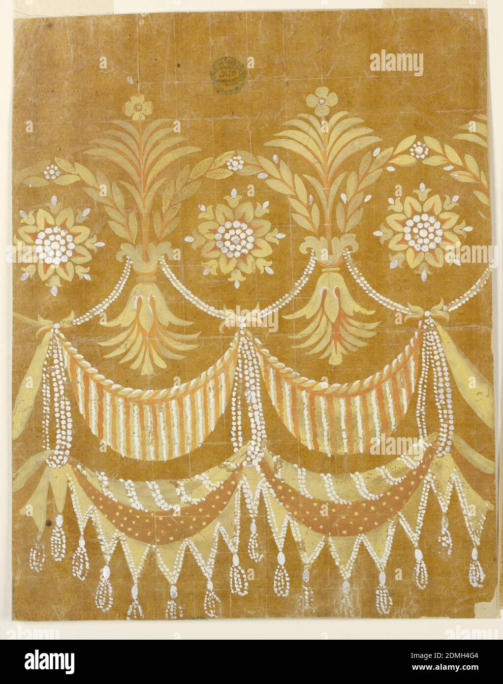 Design for an Embroidered Horizontal Border of the 'Fabrique de St. Ruf', Fabrique de Saint Ruf, Lyon, France, Brush and white, yellow, and orange gouache on glazed tracing paper, The repeat, of which somehwat more than two are shown, consists of an asymmetrical feather leaf over a border of a complicated design composed of blossom festoons, chains, a sprig and a link consisting of cones, palmettes and rosettes. Fringes and scallops are at the bottom., France, 1800–1825, Drawing Stock Photo