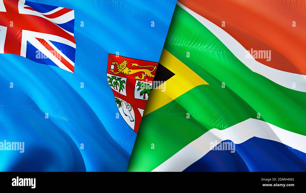 Fiji and South Africa flags. 3D Waving flag design. Fiji South Africa