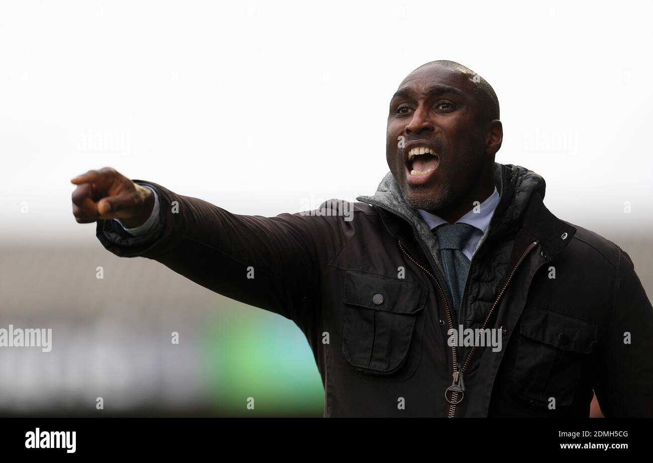 File photo dated 26-10-2019 of Southend United manager Sol Campbell gestures on the touchline during the Sky Bet League One match at Roots Hall, Southend. Stock Photo