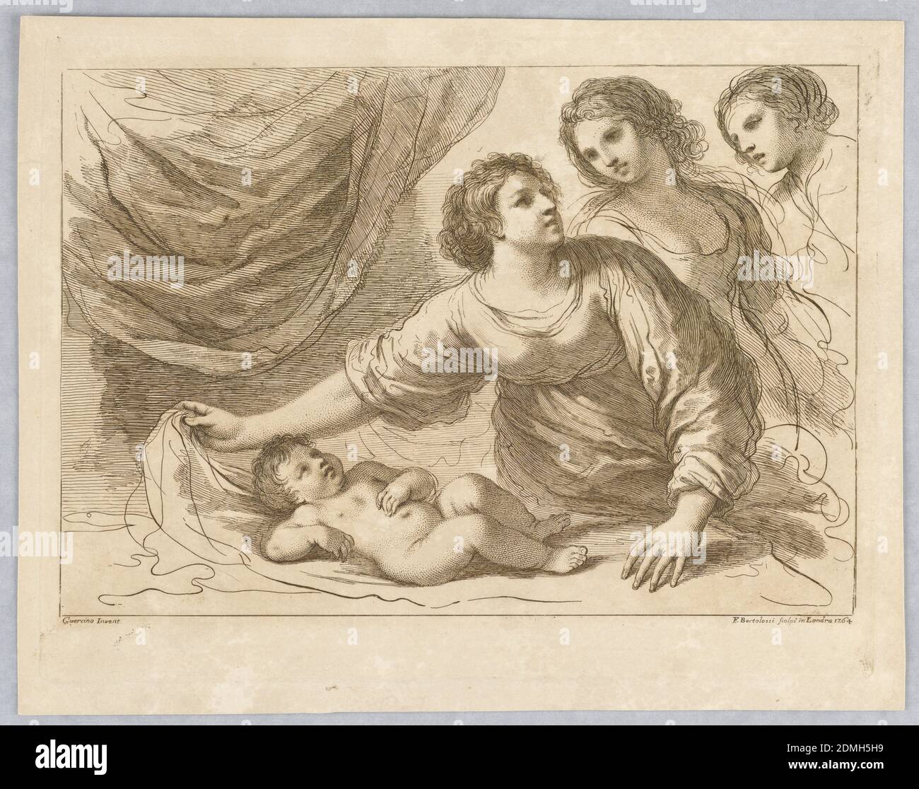 Three Women, with a Boy Lying Down, Francesco Bartolozzi, Italian, active England, 1727–1815, Giovanni Francesco Barbieri (called Guercino), Italian, 1591 – 1666, Engraving in brown ink on beige paper, The boy lying on a table or bed before a curtain. One woman is moving his covering, two others, to the right, look on. Below, the artists' names and place and date., Italy, England, 1764, Print Stock Photo