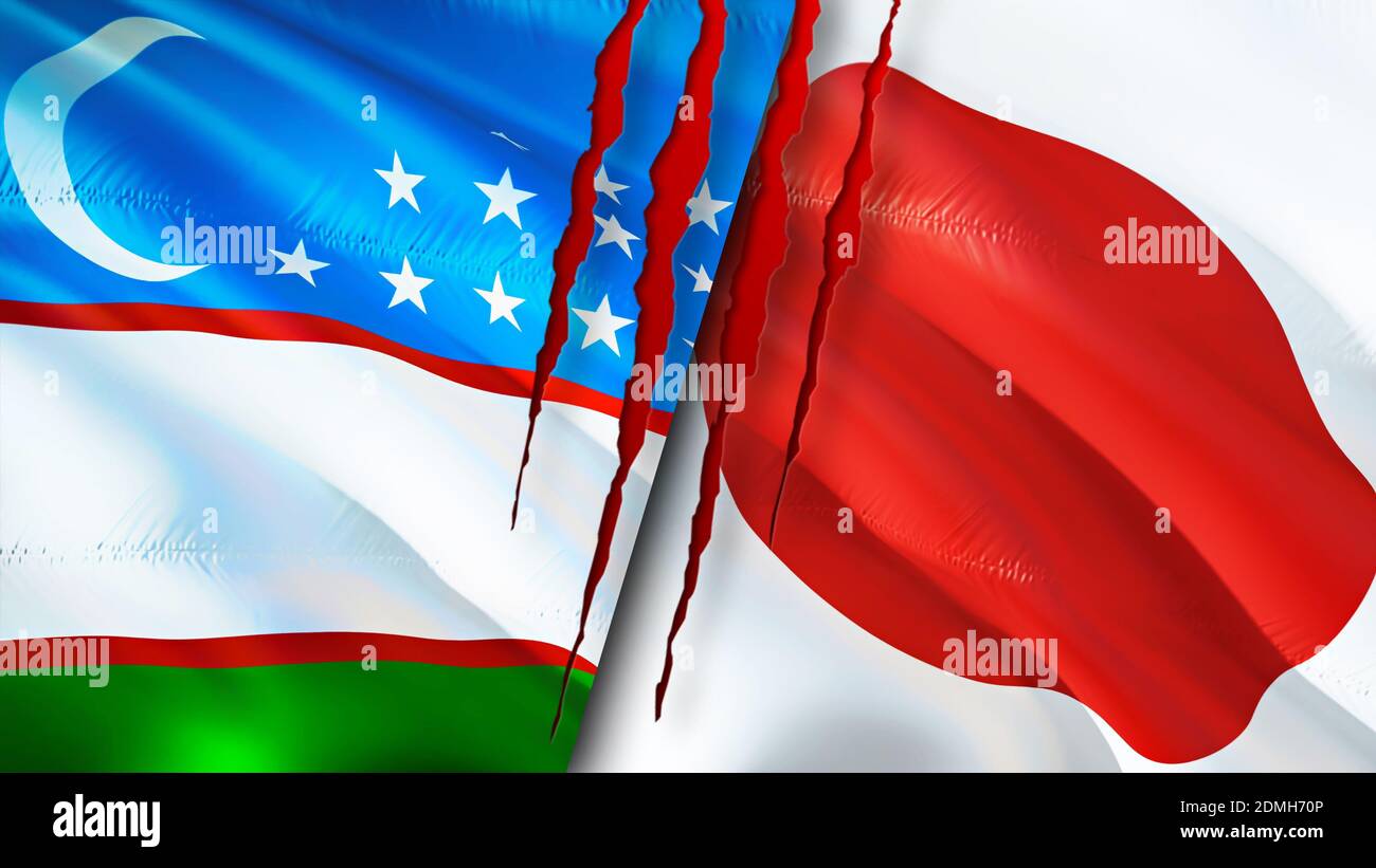 Uzbekistan and Japan flags with scar concept. Waving flag,3D rendering ...