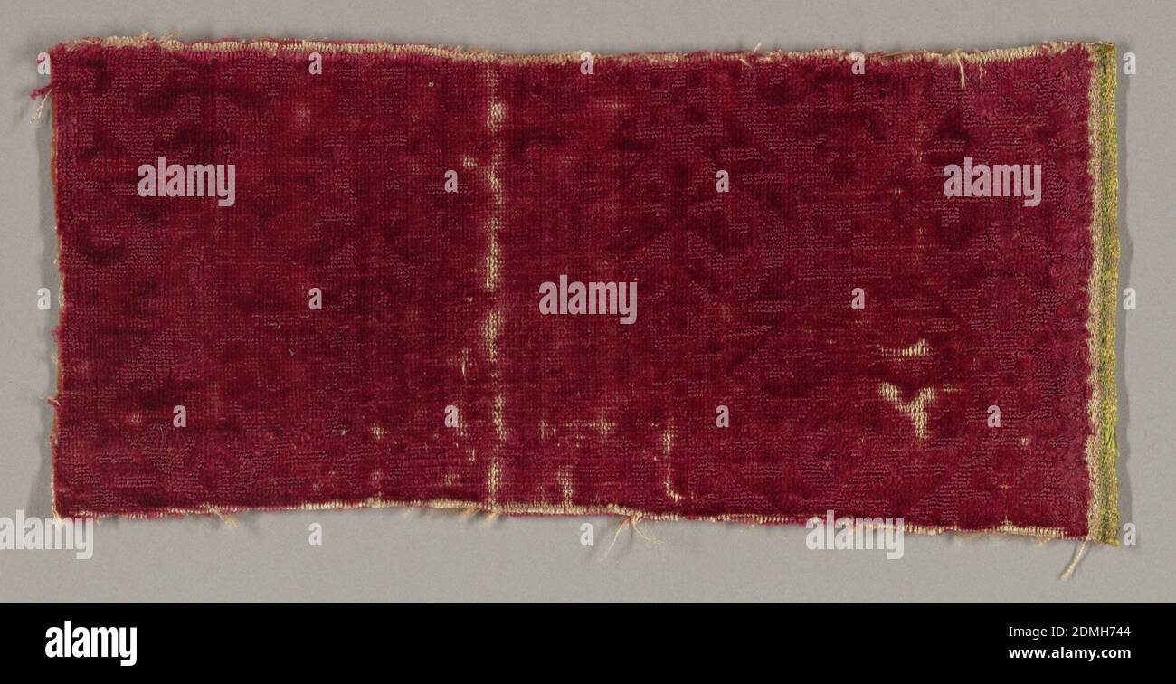 Fragment, Medium: silk Technique: supplementary warp forming cut and uncut pile in a plain weave foundation (velvet), Stylized leaf forms with diamond shaped compartments. Design from by cut and uncut pile of the same red color., 17th century, woven textiles, Fragment Stock Photo