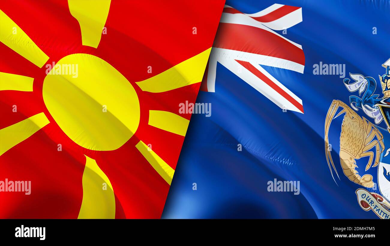 North Macedonia and Tristan da Cunha flags. 3D Waving flag design. North Macedonia Tristan da Cunha flag, picture, wallpaper. North Macedonia vs Trist Stock Photo