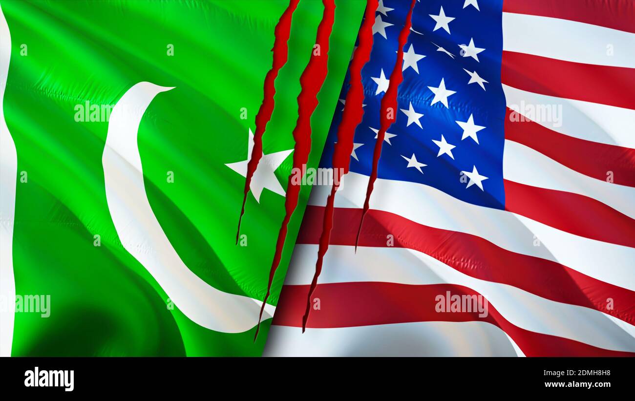 Pakistan and USA flags with scar concept. Waving flag,3D rendering. Pakistan and USA conflict concept. Pakistan USA relations concept. flag of Pakista Stock Photo