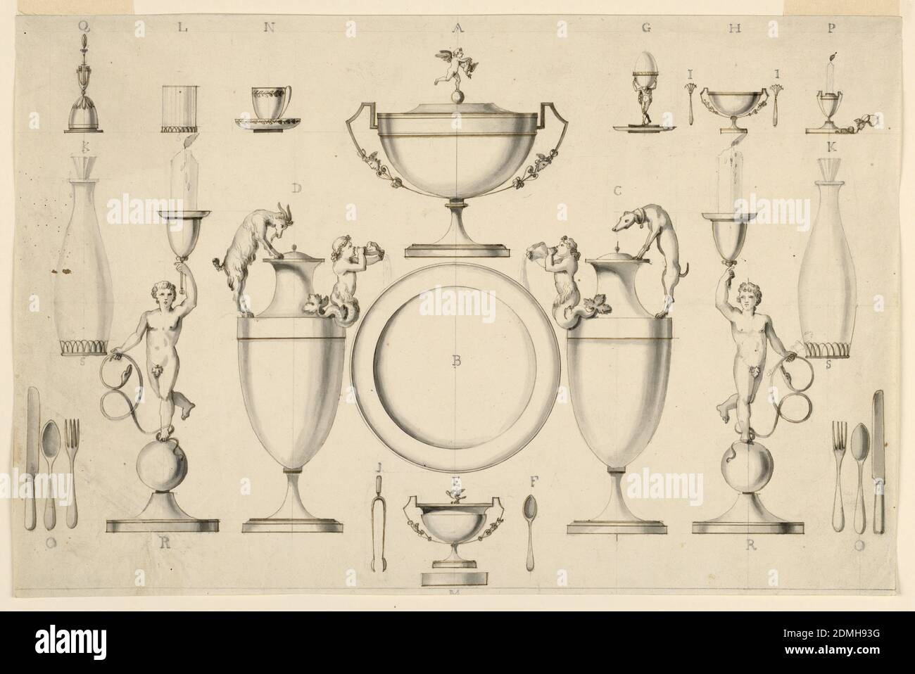 Design for a Set of Silver Tableware, Pietro Belli, Italian, 1780–1828, Pen and brown ink, brush and gray wash over graphite on off-white laid paper, A hand bell. the lower part of the handle is shaped like a lyre. Marked, as all the letters, in pencil: 'Q.' A glass in a lower frame, 'L.' A cup shown sidewise; laurel staffs are the decoration; 'N.' A tureen topped by a putto with a bird in a sphere. The handles consist of angular bands, Medusae, plant motifs; 'A.' An egg cup consisting of a bowl carried by Atlas; 'G.' A sugar spoon; 'I.' A sugar bowl; the handles are like those of the tureen Stock Photo