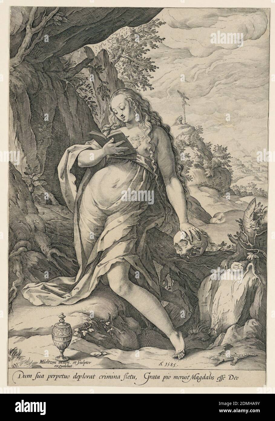 St. Mary Magdalene Penitent, Hendrik Goltzius, Netherlandish, 1558 – 1617, Engraving on laid paper, Standing figure of Mary Magdalen in frontal view. Her head is turned to left, lookking down. She holds a book in her right hand; her left hand rests upon a skull on a rock. In background, hills, houses, and a crucifix. Inscribed, lower left: H. Goltzius inuen. et sculptor exeubat'; center: 'A 1585'; across lower margin: 'Dum su a perpetua deplorat crimina fieta, grata pio, neruit Magdalis este deo'. Cut within platemark., Netherlands, 1585, Print Stock Photo