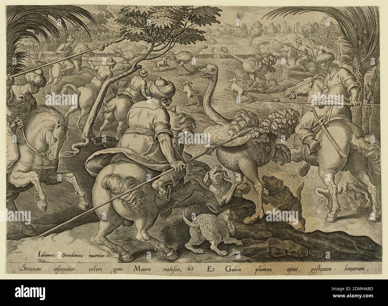 The Ostrich Hunt, Jan van der Straet, called Stradanus, Flemish, 1523–1605,  Philips Galle, Flemish, 1537 - 1612, Engraving on laid paper, Horizontal  rectangle. Horsemen and dogs hunting ostriches. At lower left: 'Iohannes