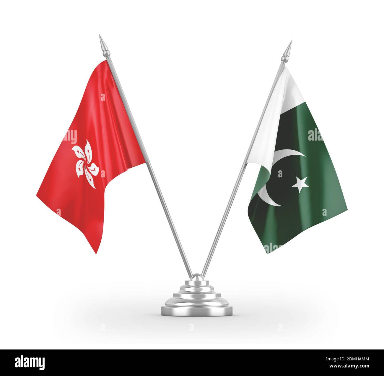 Pakistan and Hong Kong table flags isolated on white 3D rendering Stock Photo