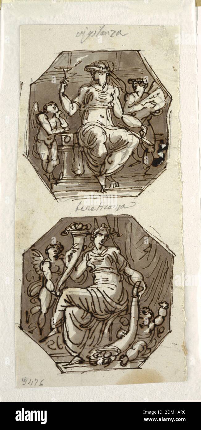 Two Octagons: Vigilance, Beneficence., Felice Giani, Italian, 1758–1823, Pen and ink, brush and brownish grey wash on rough paper., Vertical rectangle. Top: Vigilance shown seated between two putti raising lamp with right hand, holding something indistinct in left hand. Caption written above in black chalk: 'Vigilanza.' Bottom: Beneficence shown seated and holding two cornucopiae helped by two putti. Caption: ' beneficenza.' Small part of another drawing at left edge. Verso: small parts of two pen sketches. Left edges of left row sketches on reverse of -3394. Captions as in 1901-39-3260. Stock Photo