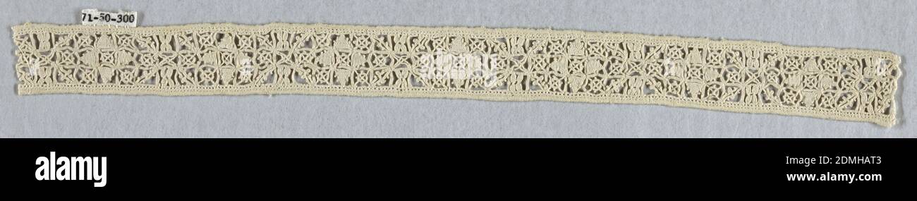 Band, Medium: linen Technique: grid of withdrawn element with needle lace (reticella), Narrow band with a diamond-shaped flower pattern., Italy, 16th–17th century, lace, Band Stock Photo