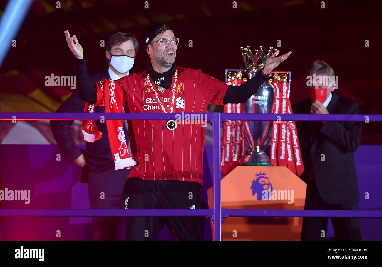 File photo dated 22-07-2020 of Liverpool manager Jurgen Klopp enjoys the post-match celebrations as the team receive the Premier League trophy after the Premier League match at Anfield, Liverpool. Stock Photo