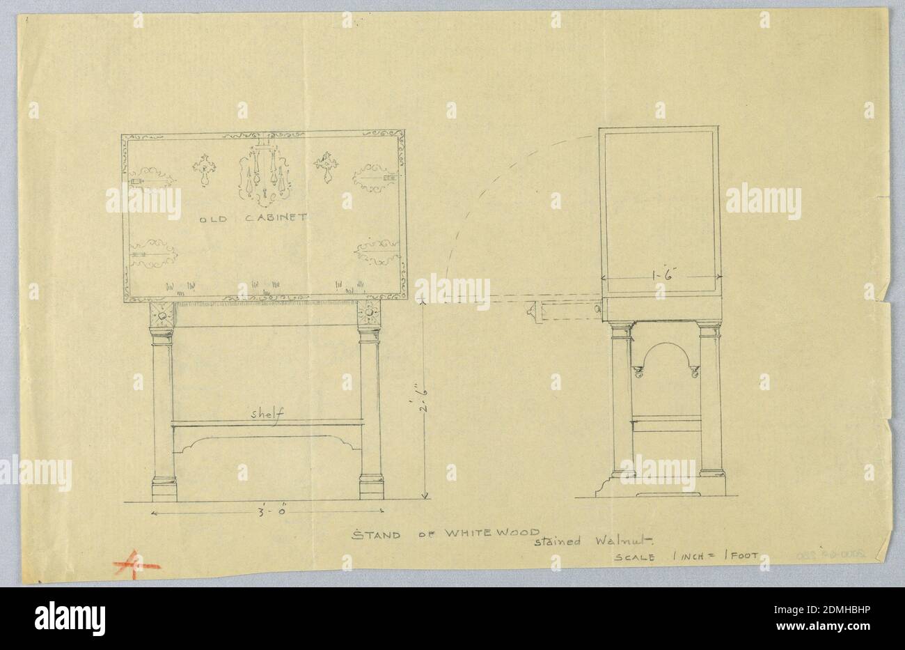 Design 'A' for Stand of Whitewood and Stained Walnut, A.N. Davenport Co., Graphite, red color pencil on thin cream paper, Elevation left and side view right; rectangular cabinet with elaborate stylized metalwork on front panel; pair of hinged plates surround keyhole escutcheon center; raised on columnar, slightly flaring supports joined below by shelf-like stretcher; side view shows cabinet standing on 2 bracket-shaped platforms joined above by molded panel with arch-like cut-out center., 1900–05, furniture, Drawing Stock Photo
