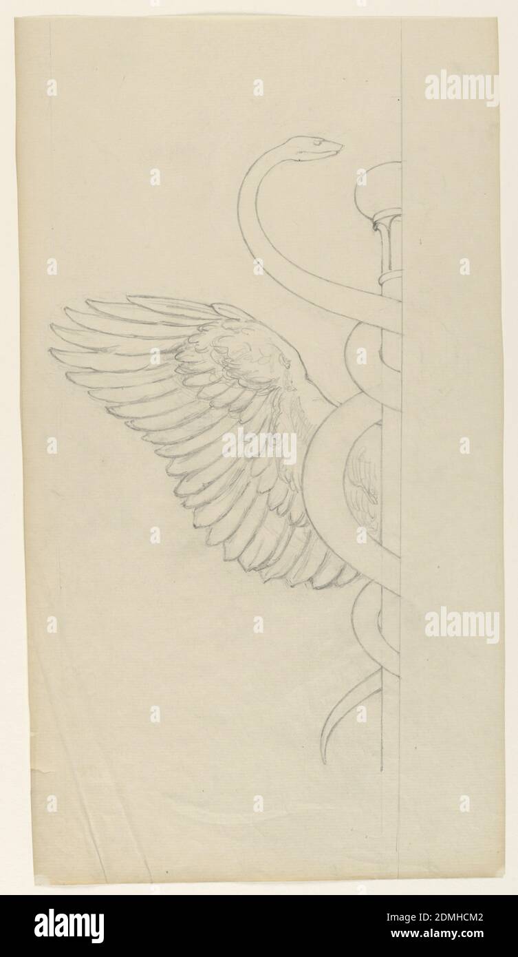 Study for 'The Sources of Wealth,' Union Trust Company Building, Cleveland, OH, Kenyon Cox, American, 1856–1919, Graphite on paper, Sketch of a caduceus staff, showing half of the design with a snake twisted around the staff and part of a wing., USA, ca. 1902, mural designs, Drawing Stock Photo