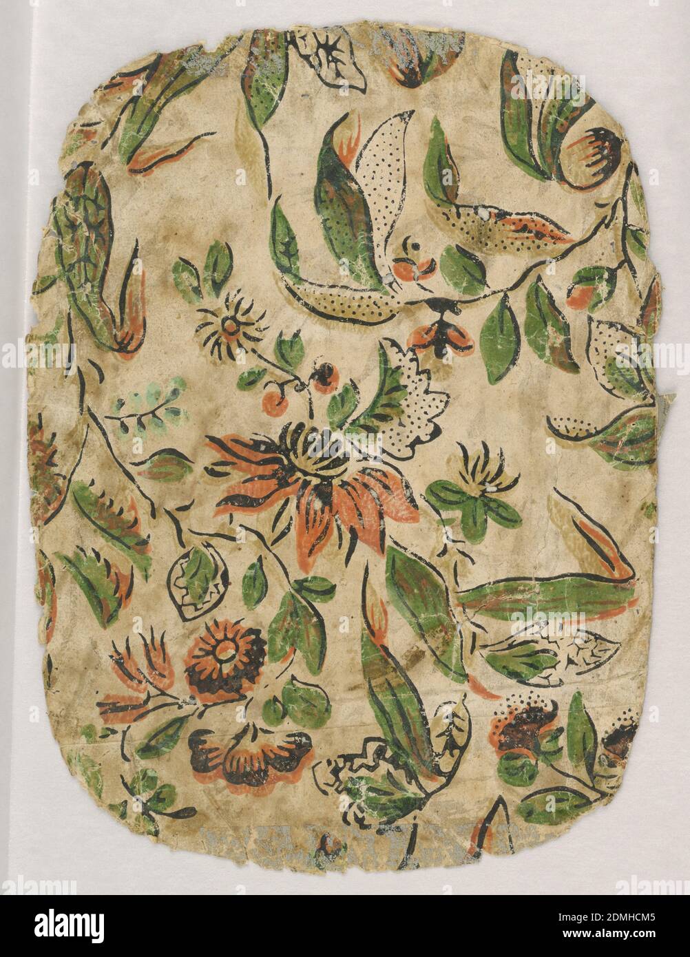 Sidewall and border, Block-printed on handmade paper, Floral design printed in red, green, yellow and black on natural paper background., USA, 1790–1810, Wallcoverings, Sidewall and border Stock Photo