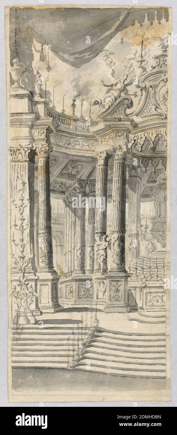 Design for a Setting of the Exhibition of the Host, Black chalk, brush and gray and black watercolor on laid paper, Vertical rectangle. The left half of an architectural interior with baldachin is shown. Three flights of eight step, each lead to a platform showing an atrium. A scaffolding with the monstrance stands in the center., Italy, ca. 1700, architecture, interiors, Drawing Stock Photo