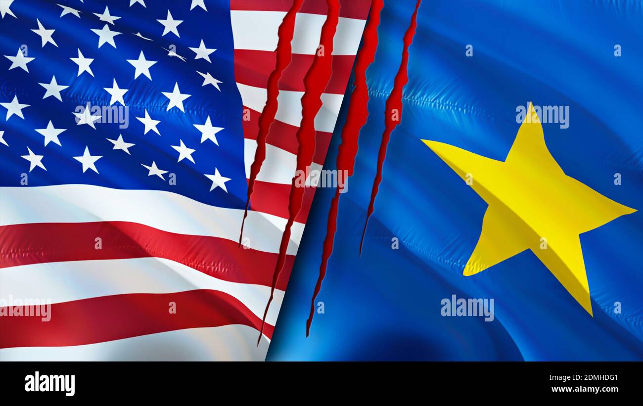 USA and DR Congo flags with scar concept. Waving flag,3D rendering. USA and DR Congo conflict concept. USA DR Congo relations concept. flag of USA and Stock Photo