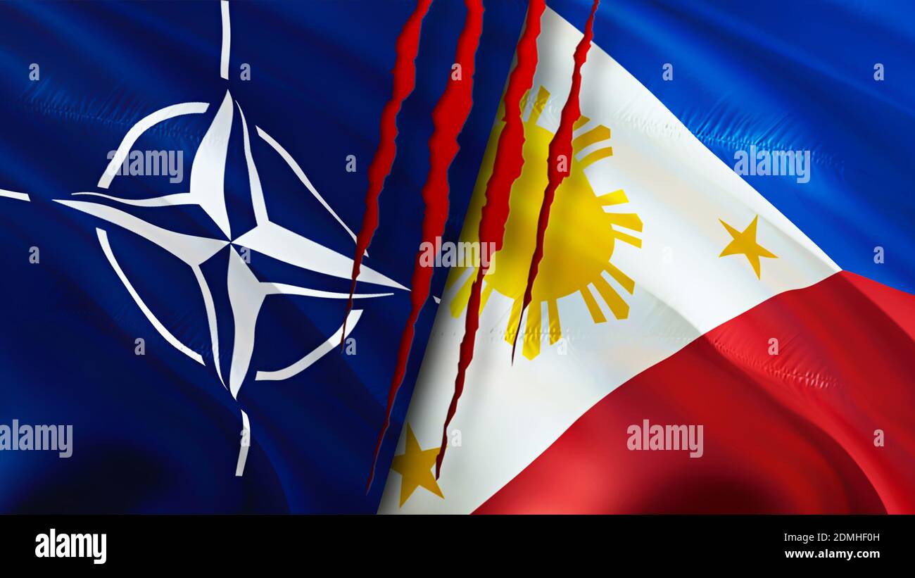 NATO And Philippines Flags With Scar Concept Waving Flag 3D Rendering   Nato And Philippines Flags With Scar Concept Waving Flag3d Rendering Philippines And Nato Conflict Concept Nato Philippines Relations Concept Fla 2DMHF0H 