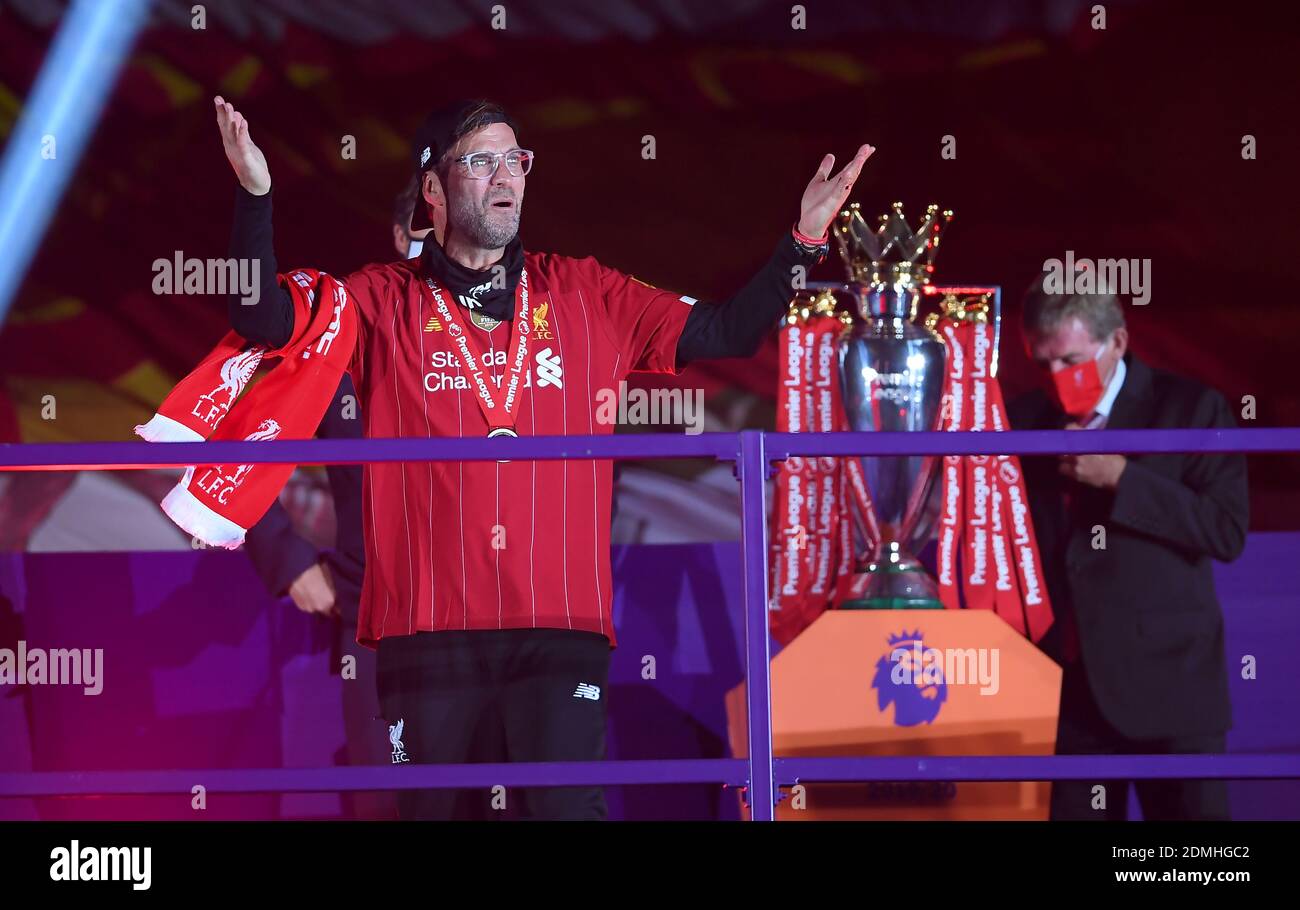 File photo dated 22-07-2020 of Liverpool manager Jurgen Klopp enjoys the post-match celebrations as the team receive the Premier League trophy after the Premier League match at Anfield, Liverpool. Stock Photo