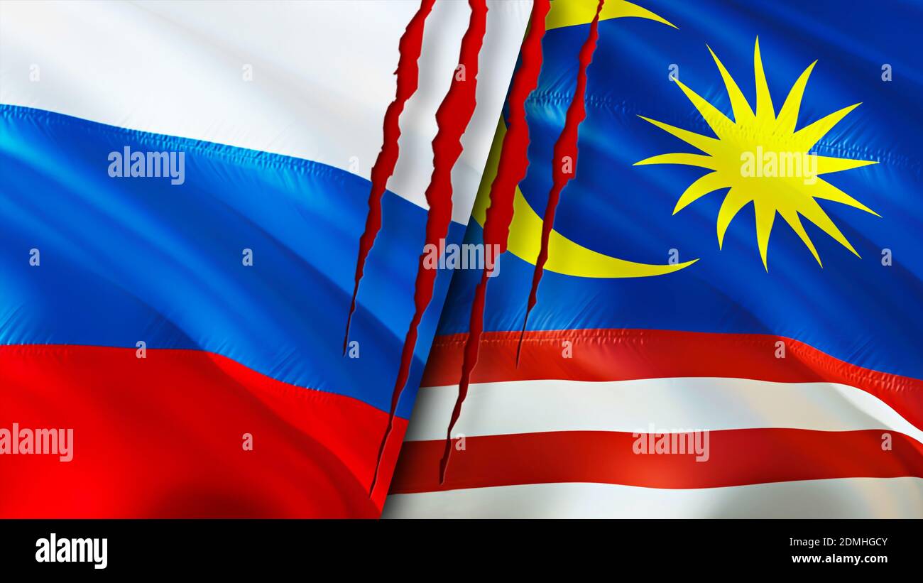 Russia and Malaysia flags with scar concept. Waving flag,3D rendering ...