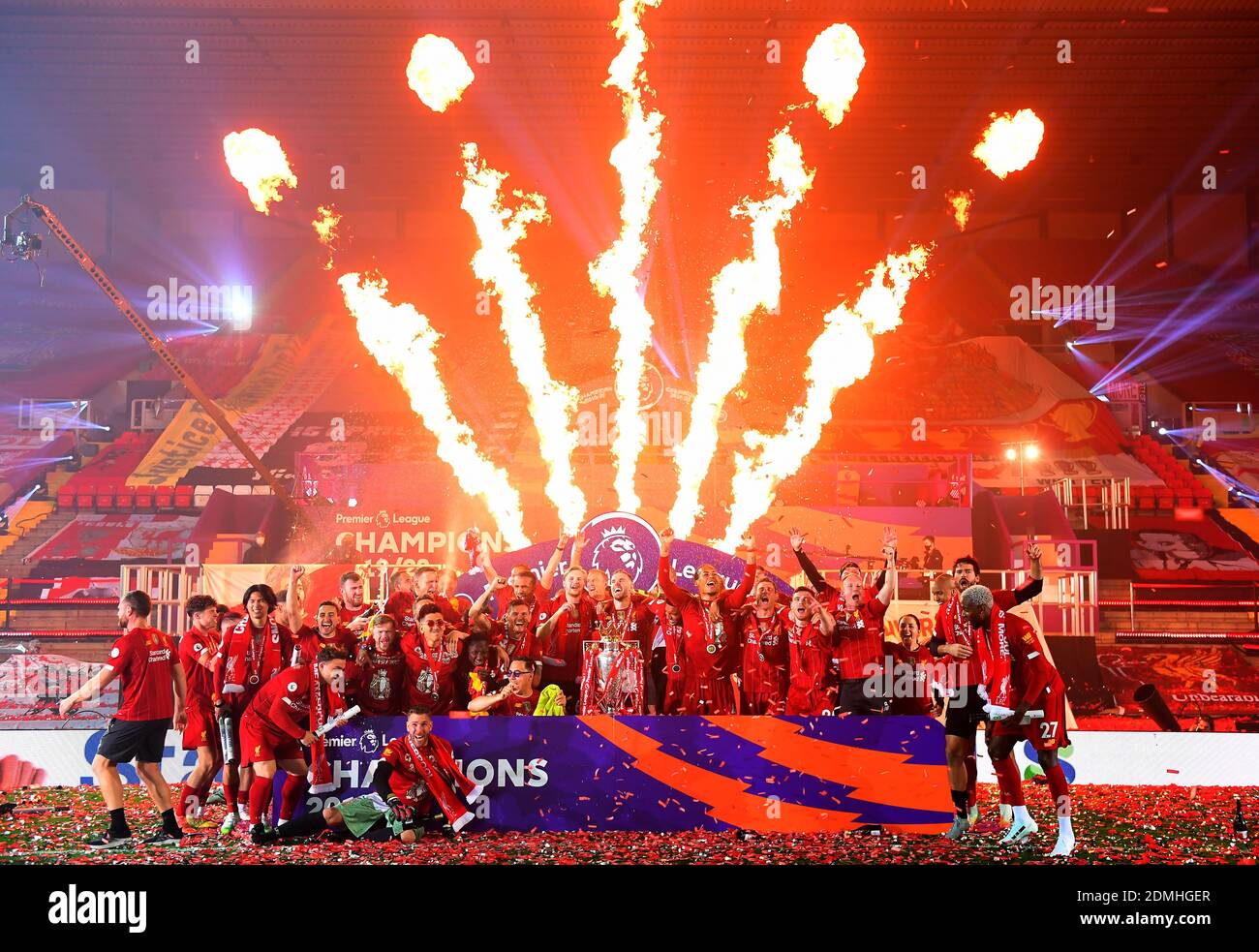 File photo dated 22-07-2020 of Liverpool players celebrate with the Premier League trophy after the Premier League match at Anfield, Liverpool. Stock Photo