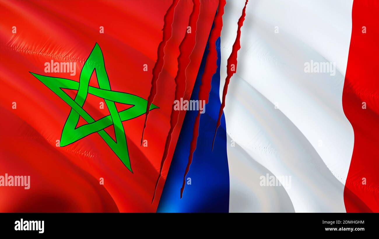 Morocco and France flags with scar concept. Waving flag,3D rendering ...