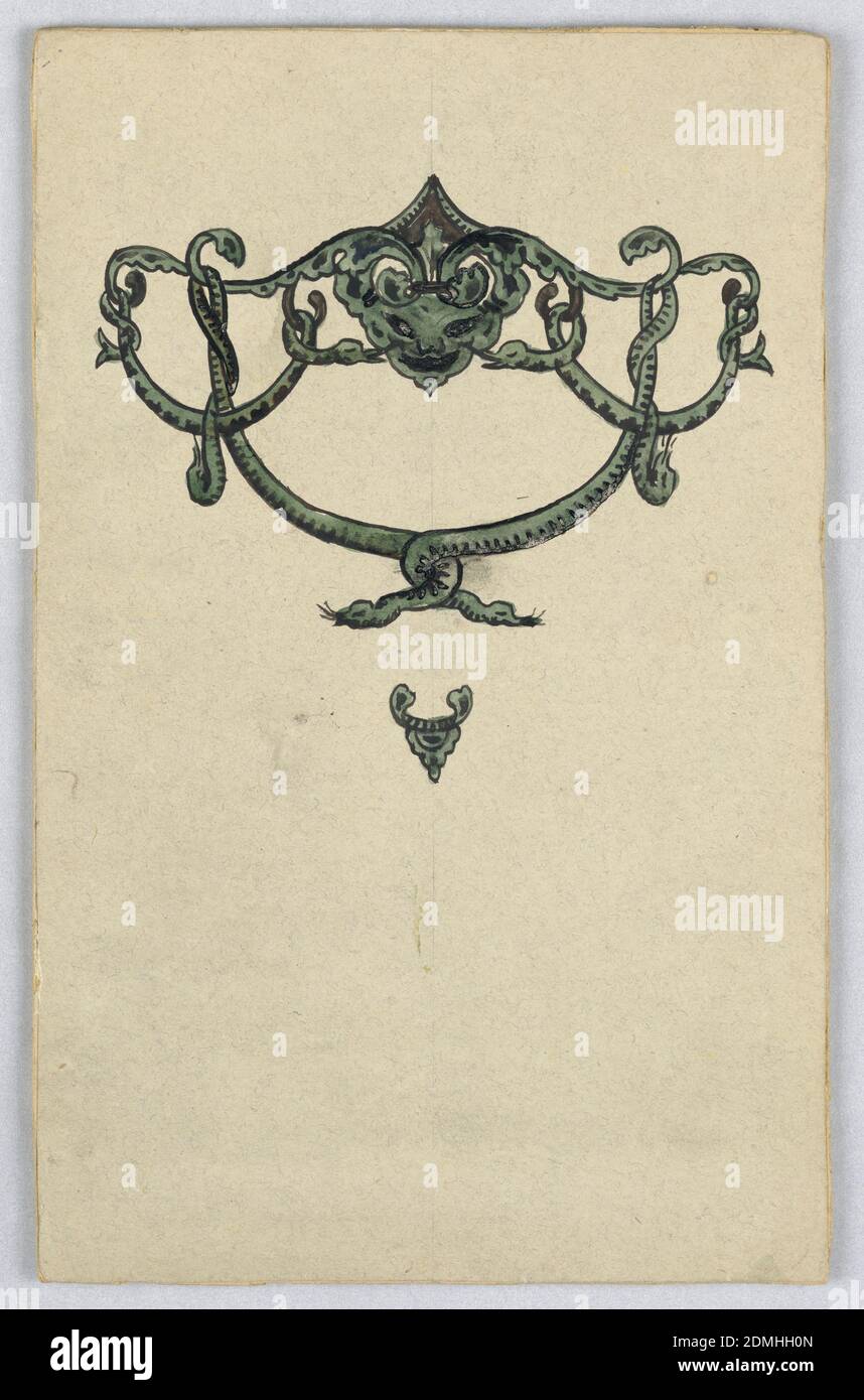 Design for a Book Cover, Alice Cordelia Morse, American, 1863–1961, Brush and gouache on paper, Hanging feature composed of intertwined greenish gray snakes, at the top a dragon head. Verso: graphite sketches., USA, ca. 1887–1903, graphic design, Drawing Stock Photo