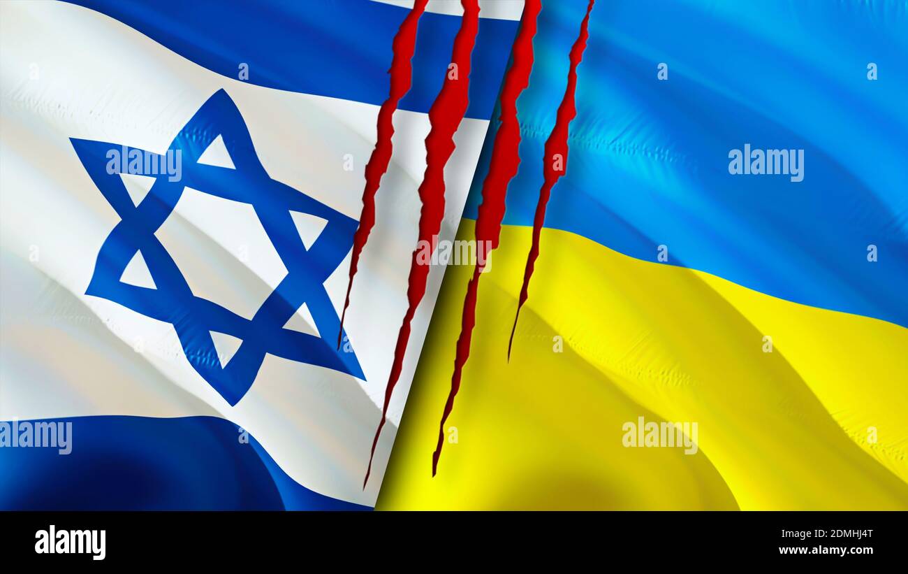 Israel and Ukraine flags with scar concept. Waving flag,3D rendering. Israel and Ukraine conflict concept. Israel Ukraine relations concept. flag of I Stock Photo