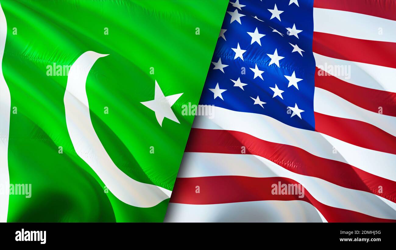 Pakistan and USA flags. 3D Waving flag design. Pakistan USA flag, picture, wallpaper. Pakistan vs USA image,3D rendering. Pakistan USA relations allia Stock Photo