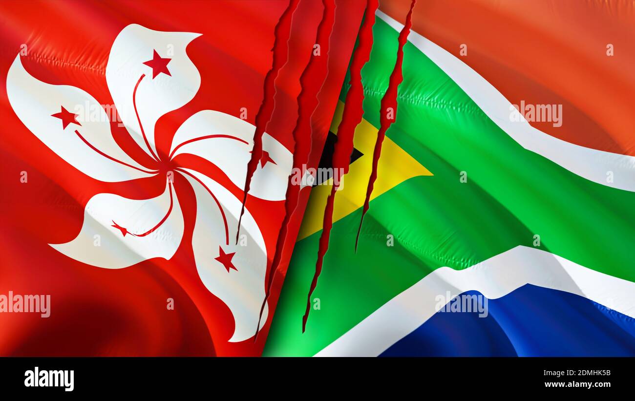 Hong Kong and South Africa flags with scar concept. Waving flag,3D