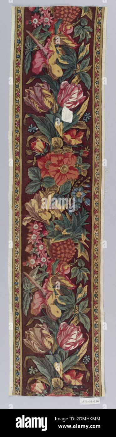 Border, Medum: cotton Technique: block printed (2 reds, 2 purples, black), yellow and blue applied by brush, plain weave foundation, Curving vine with flowers and fruit in bright colors on a deep purple background., France, late 18th century, printed, dyed & painted textiles, Border Stock Photo
