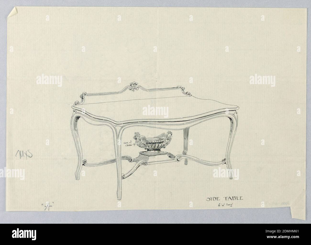 Design for Side Serving Table displaying a Vase of China, A.N. Davenport Co., Pen and black ink on thin, cream paper, Table surface (with curved skirting) and back splash supported by four cabriole legs joined by four scrolling stretchers supporting an elaborate urn-shaped vase on a pedestal. Back splash is decorated with three-plumed carving at center, and scrolls on each side., 1900–05, furniture, Drawing Stock Photo