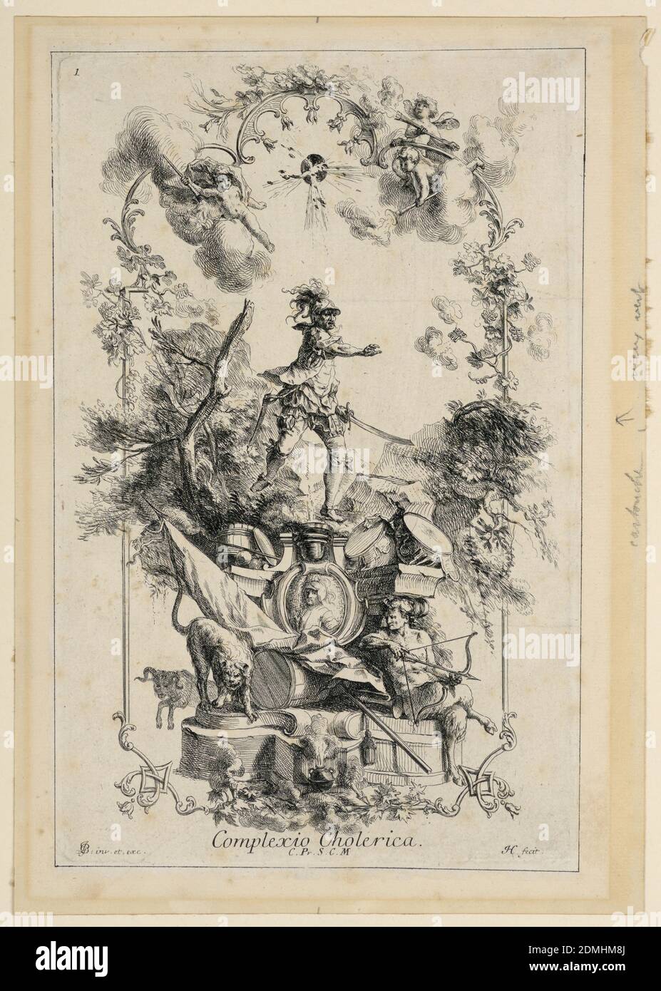 Design for a panel Representing the Choleric Temperament, Johann Georg Bergmüller, German, 1688 - 1762, Johann Evangelist Holzer, German, 1709 - 1740, Etching on paper, remargined, The decoration refers to war, wild animals, a satyr. Caption: monogram 'JGB inv. Et exc. / Conplexio Cholerica / C. Pr. S. C. M.'; monogram JH fecit.'; left top corner '1.', Augsberg, Germany, ca. 1735, Print Stock Photo