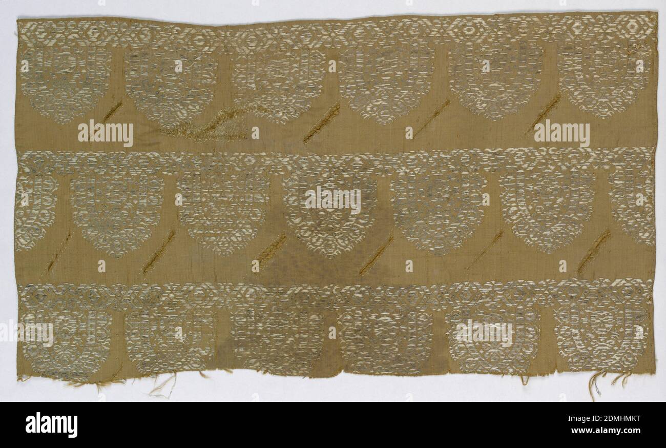 Fragment, Medium: silk, metallic Technique: plain weave with supplementary wefts and decorative slashing, Brown silk with design of oval reticello-like shapes. Both selvages present. Fabric is slashed in a pattern., 17th century, woven textiles, Fragment Stock Photo