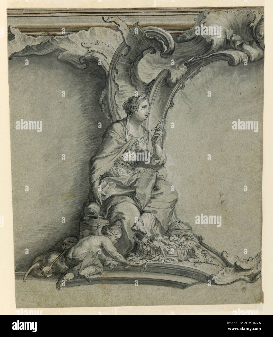 Detail from a Doctor's Engraved Thesis (Personification of Knowledge), Black chalk, pen and black ink, brush and ink wash on gray-blue laid paper, Germany, n.d., Drawing Stock Photo