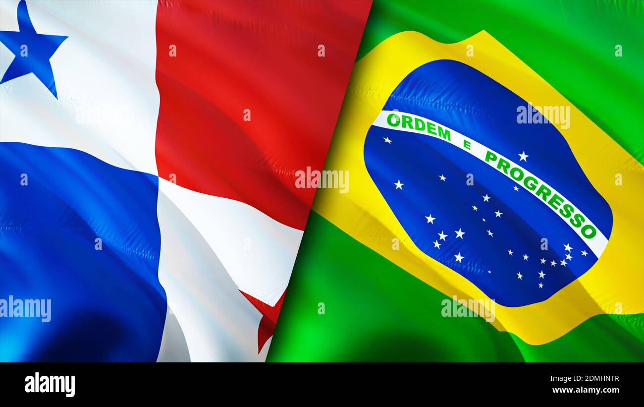 Panama and Brazil flags. 3D Waving flag design. Panama Brazil flag