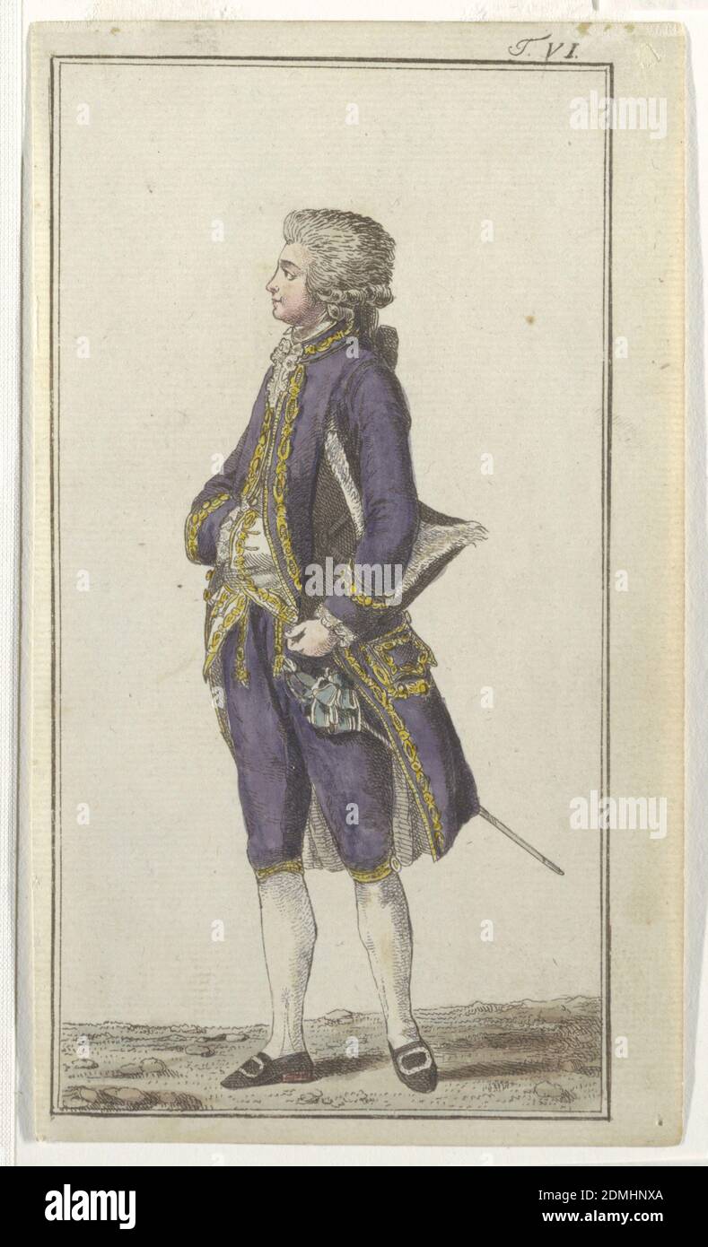 Plate VI, Design for Gentleman's Costume, Journal des Luxus und der Moden (Journal of Luxury and Fashions), Vol. 1, No. 2, Georg Melchior Kraus, German, 1737–1806, Friedrich Justin Bertuch, German, 1747–1822, Verlag des Landes-Industrie-Comptoirs, Weimar, Germany, Engraving, hand-colored with brush and watercolor on cream paper, Engraved, hand-colored fashion plate featuring a full-length figure of a man wearing a white wig, facing left in profile. He wears a purple coat and breeches with yellow trim, a white waistcoat with yellow trim, and a white cravat. Stock Photo