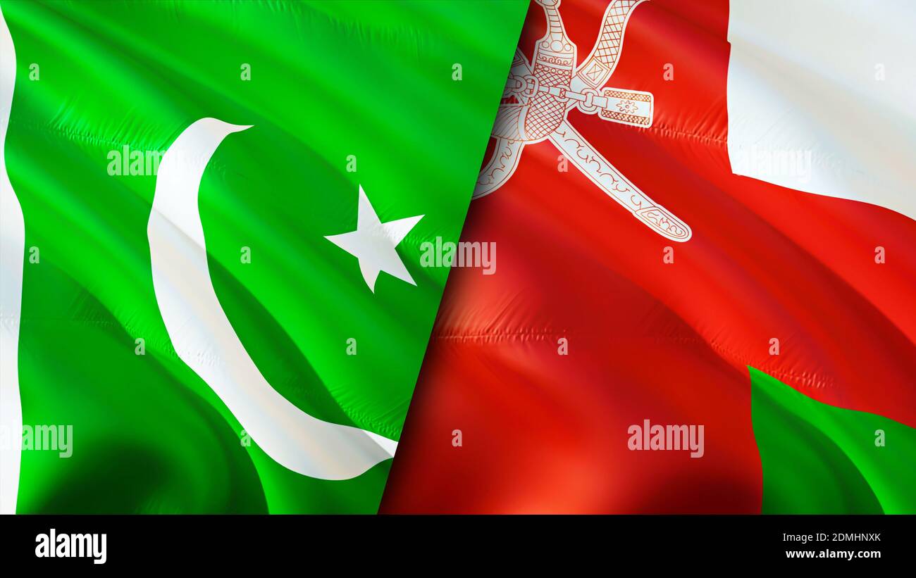 Pakistan and Oman flags. 3D Waving flag design. Pakistan Oman flag