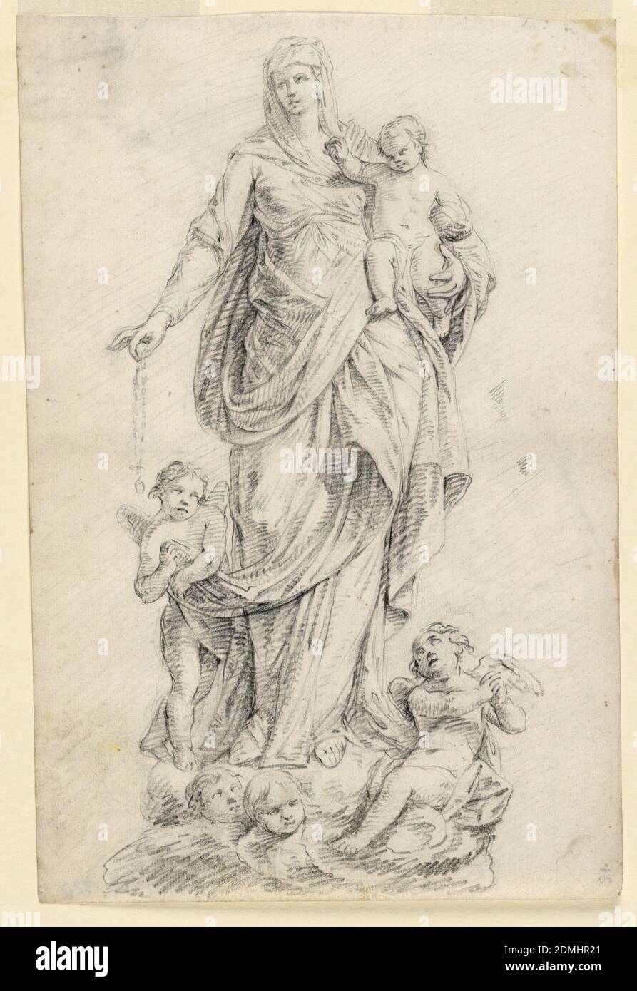 Sheet 15 of a Drawing Book, Group of the Madonna of the Rosary, Carlo Maria Giudici, Italian, 1723 - 1804, Black chalk on paper, Vertical rectangle. Figure of the Virgin is shown from the front, standing and carrying the Christ child with her left arm and the rosary with the lowered right hand. An angel holds one side of her coat, another sits upon it. Two cherubim are at the base, which has the shape of clouds. Verso: the forepart of a left foot is sketched horizontally., Milan, Italy, 1780–1800, figures, Drawing Stock Photo